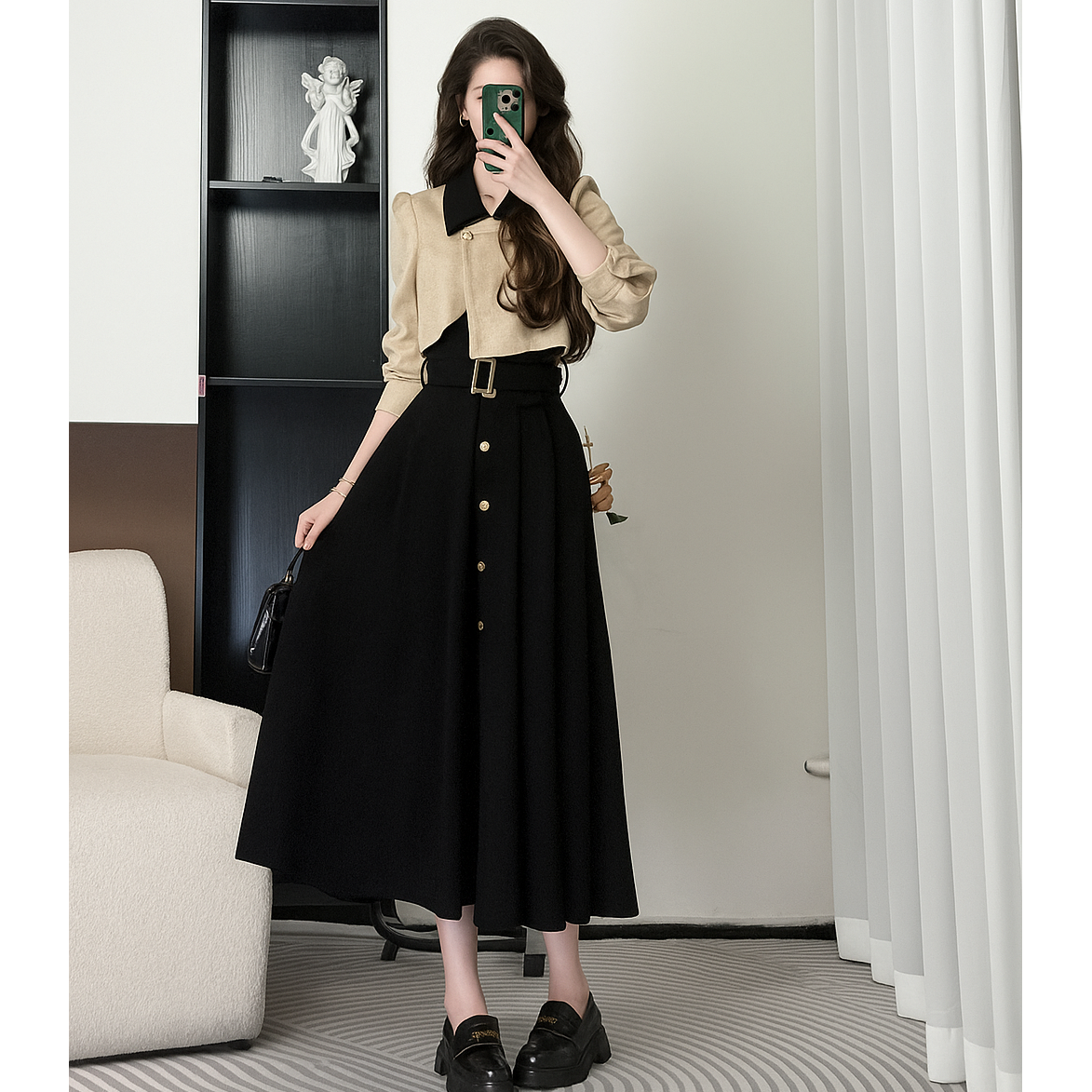 拉夏贝尔【巴黎秋韵】25秋显瘦小众轻奢赫本风长裙连衣裙 10647 LSC