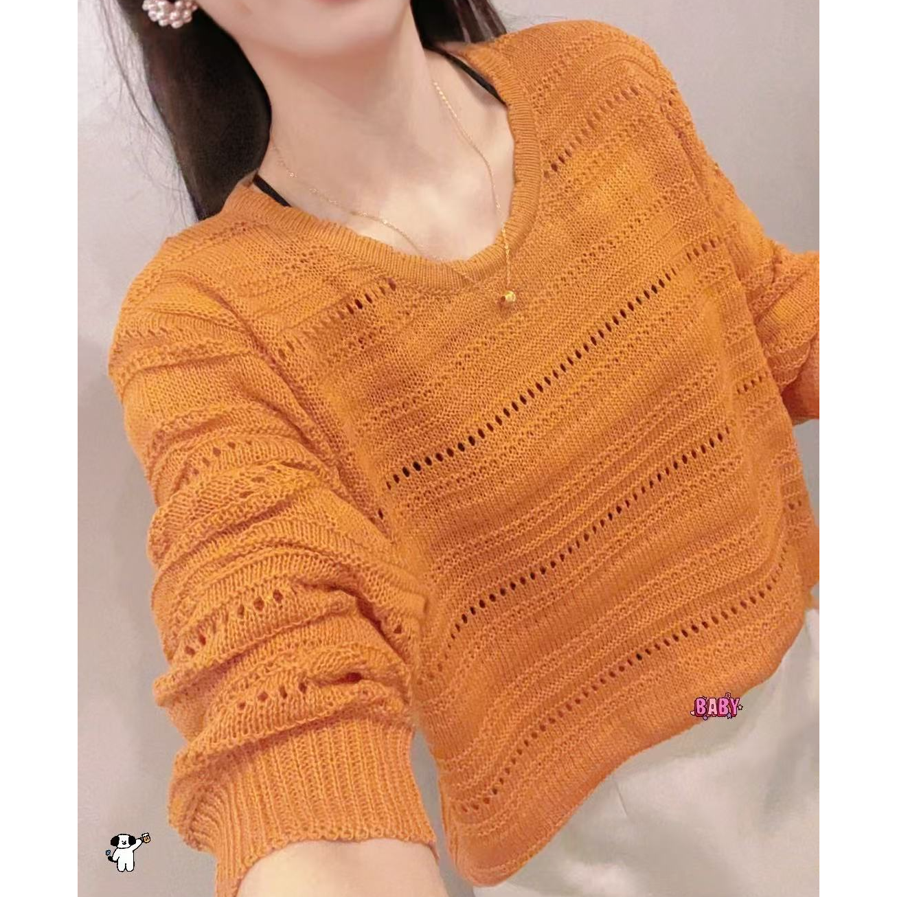 815镂空百搭常规长袖女毛针织衫圆领后背扣子网红上衣打底衫