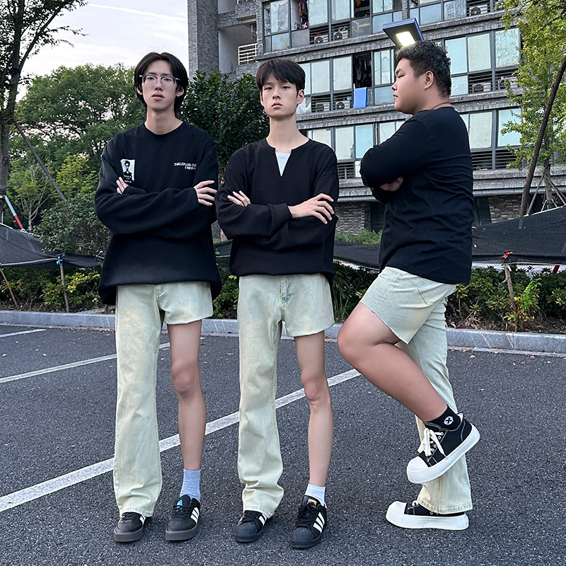 美式复古大码高街vibe水洗黄泥色牛仔裤男高腰直筒修身显瘦微喇裤