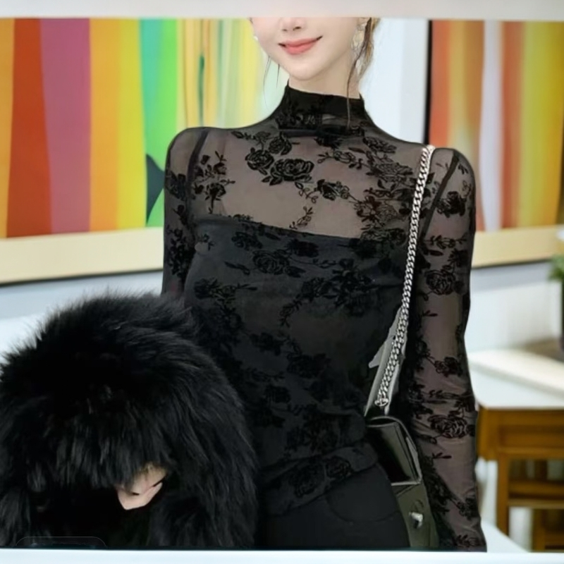 【女人味+显白显瘦】半高领长袖蕾丝衫打底上衣网红洋气厚款保暖女