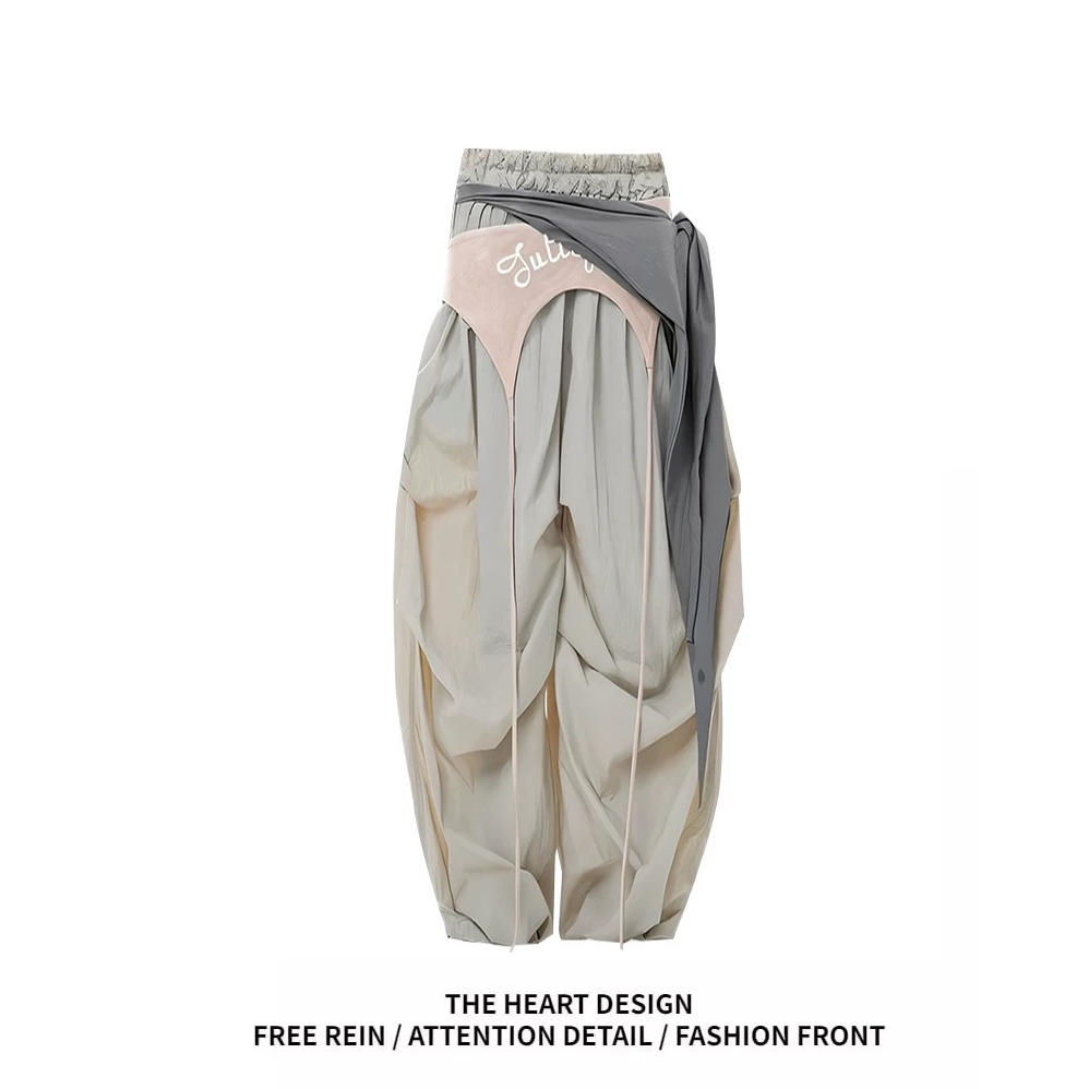 美式高街辣妹叠穿弯刀休闲裤女2025年春季设计感小众褶皱阔腿裤子