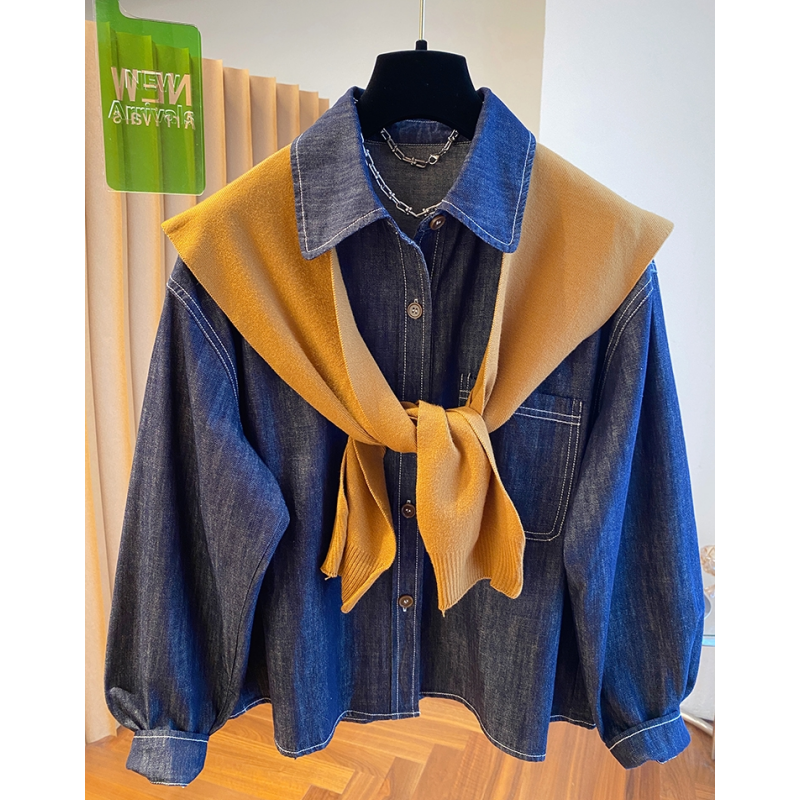 韩版披肩牛仔衬衫女长袖2025新款宽松休闲早秋氛围感两件套上衣