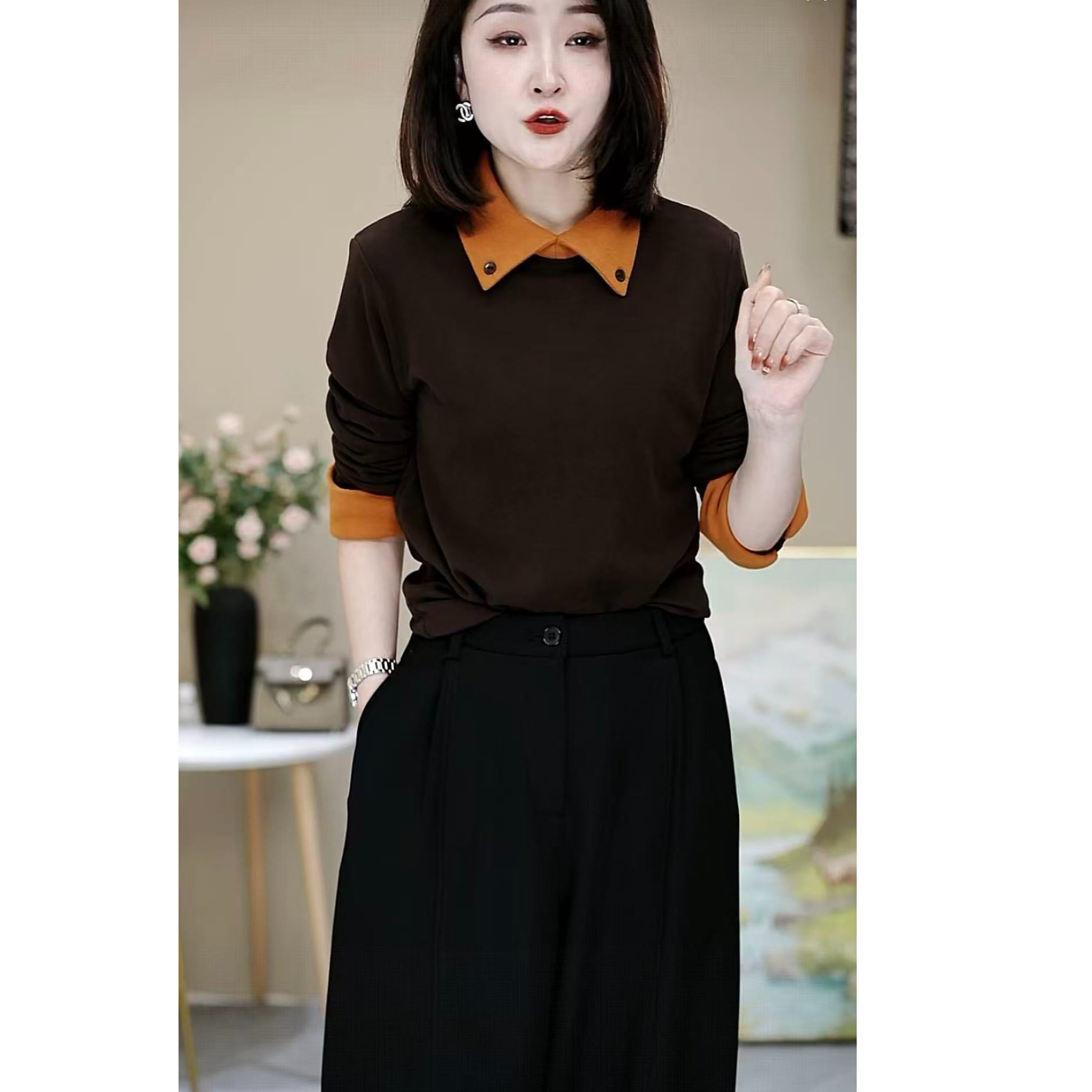 320秋冬新款拼色长袖时尚百搭小衫女士气质翻领显瘦修身打底衫女