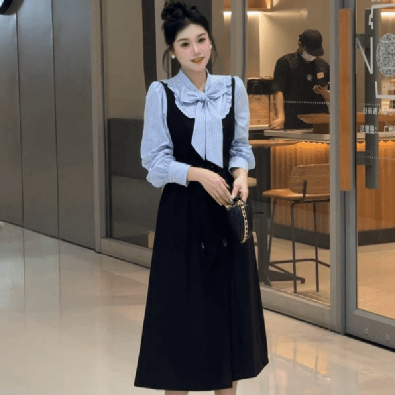 法式优雅气质连衣裙复古收腰假两件蝴蝶结拼接设计长袖裙子女