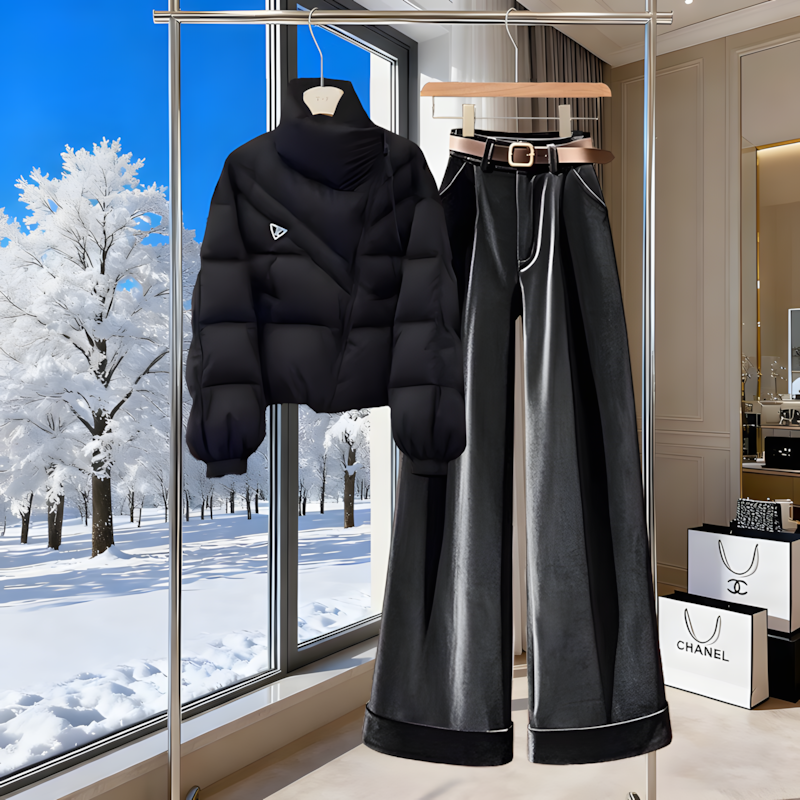 冬季穿搭一整套女装高级感加厚黑色棉服外套女高腰宽松阔腿裤爆款