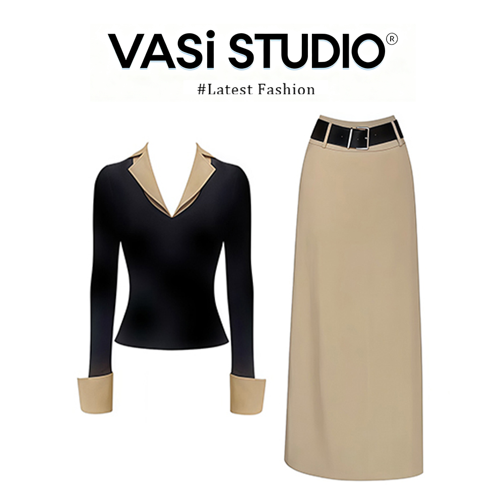 MARIE.COCO秋冬新款设计感拼接假两件V领上衣高腰显瘦半身裙套装