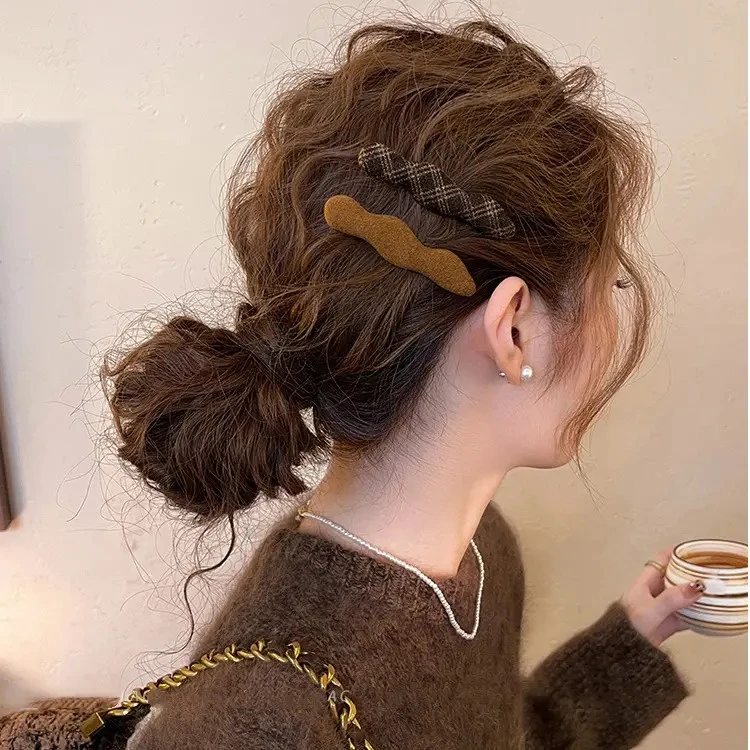 毛呢格纹波浪发夹女侧边夹前额碎发刘海夹子2026新款头饰高端发卡