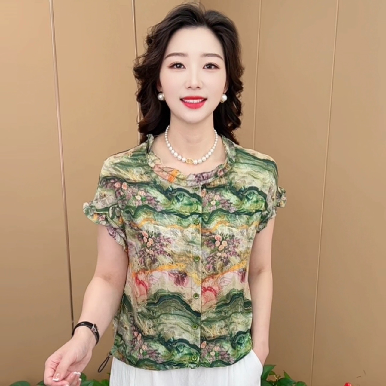 夏季新款时尚圆领木耳花边气质妈妈装休闲百搭薄款短袖上衣K7217