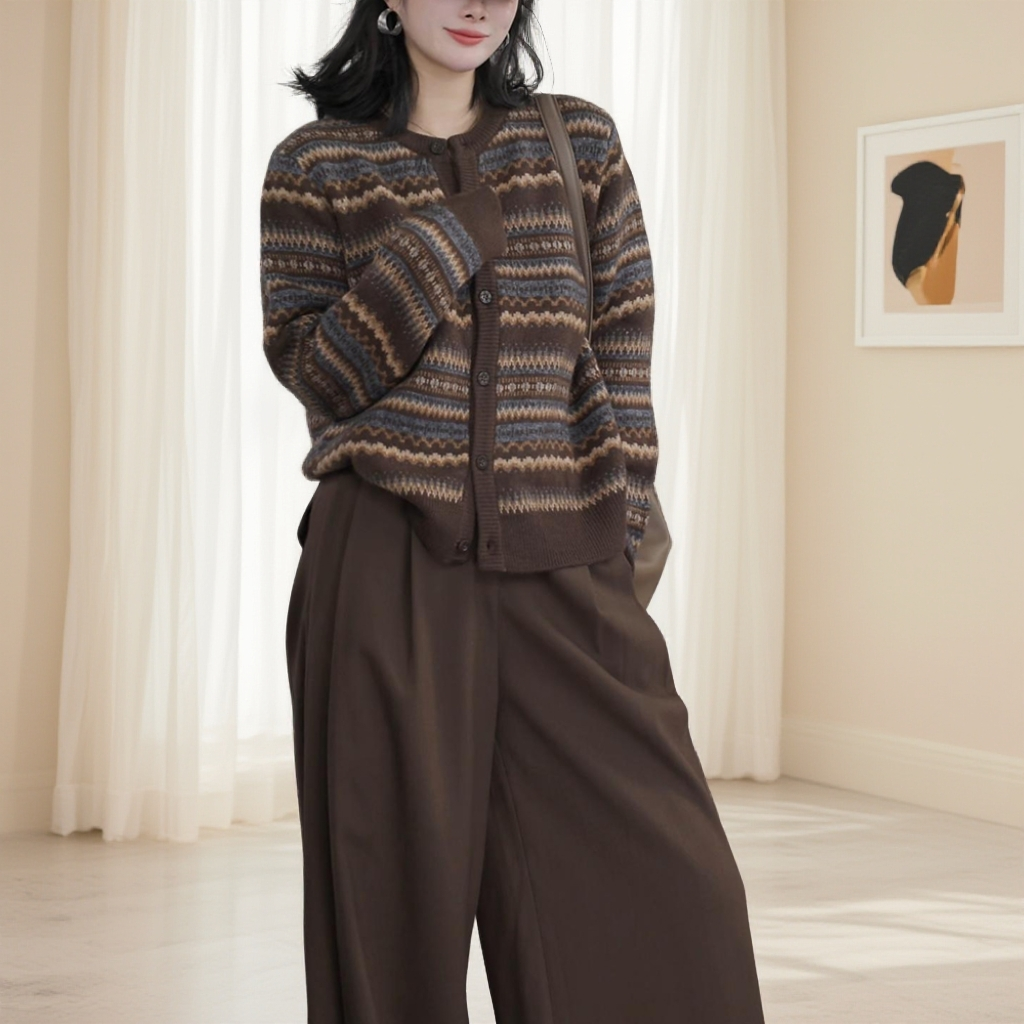 高级感撞色咖色系套装女冬季复古流行菱格开衫休闲百搭直筒裤套装