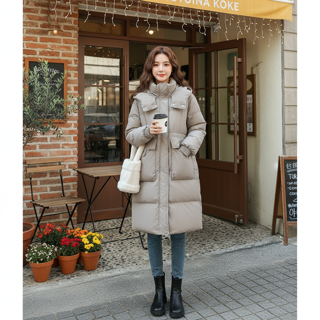 朵以2025冬季新款时尚百搭立领连帽保暖中长款羽绒服39DD911100