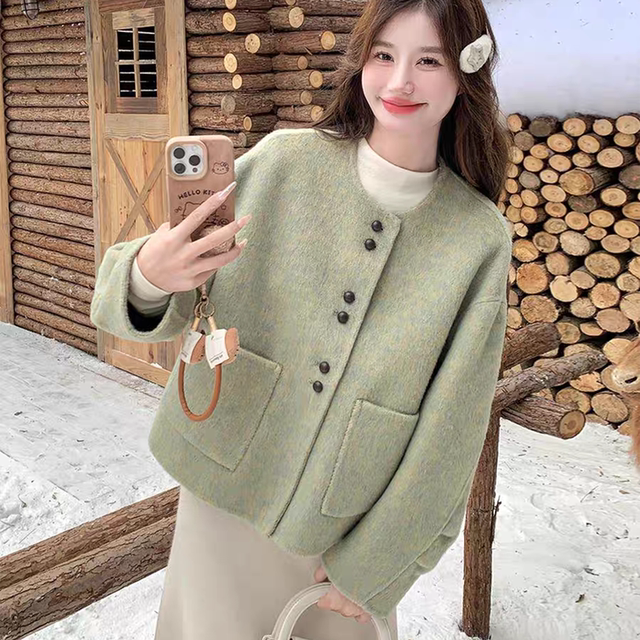 绿色双面羊绒大衣女短款2025新款韩版时尚单排扣宽松百搭毛呢外套