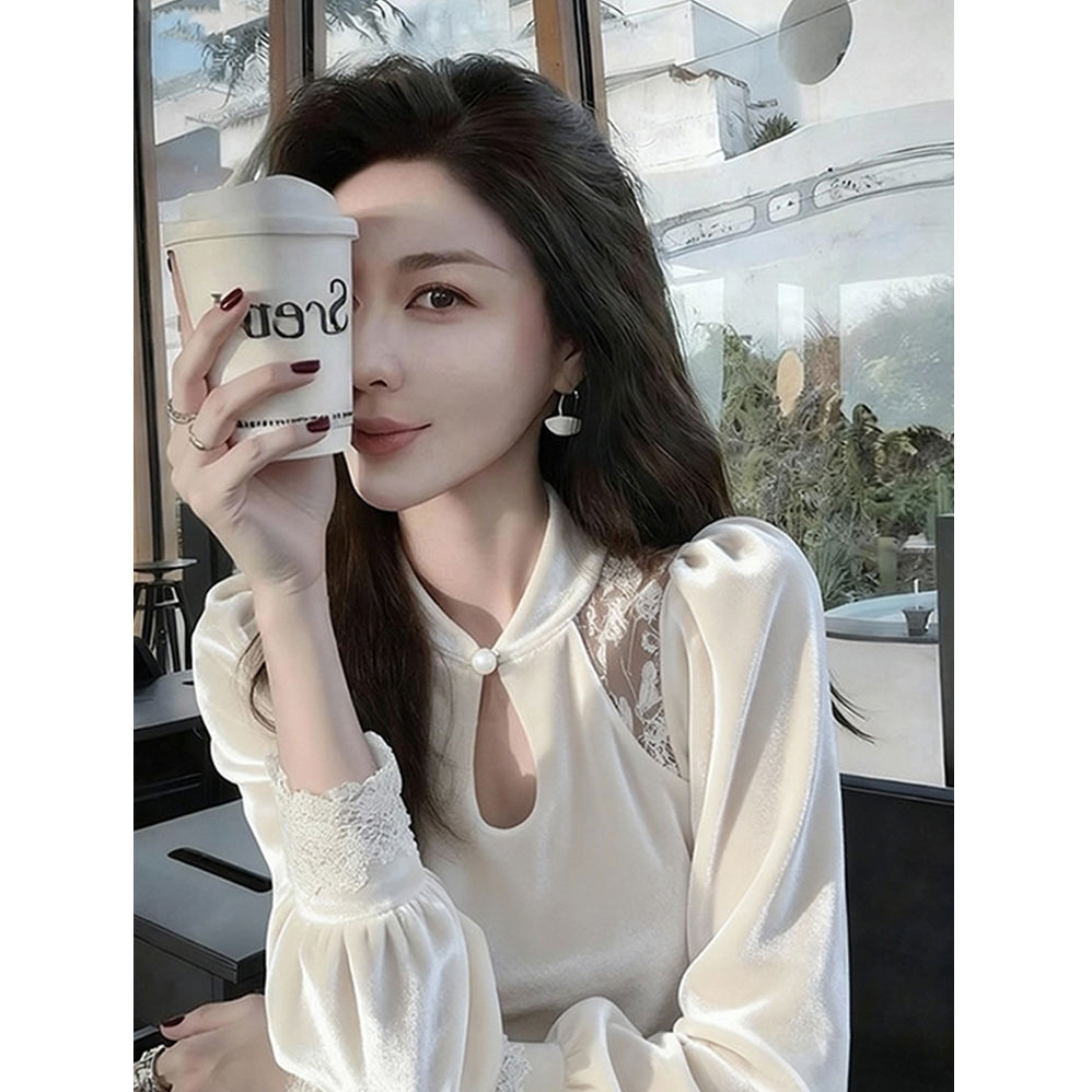 法式立领蕾丝拼接镂空丝绒衬衫女秋季新款高级感气质名媛内搭衬衣