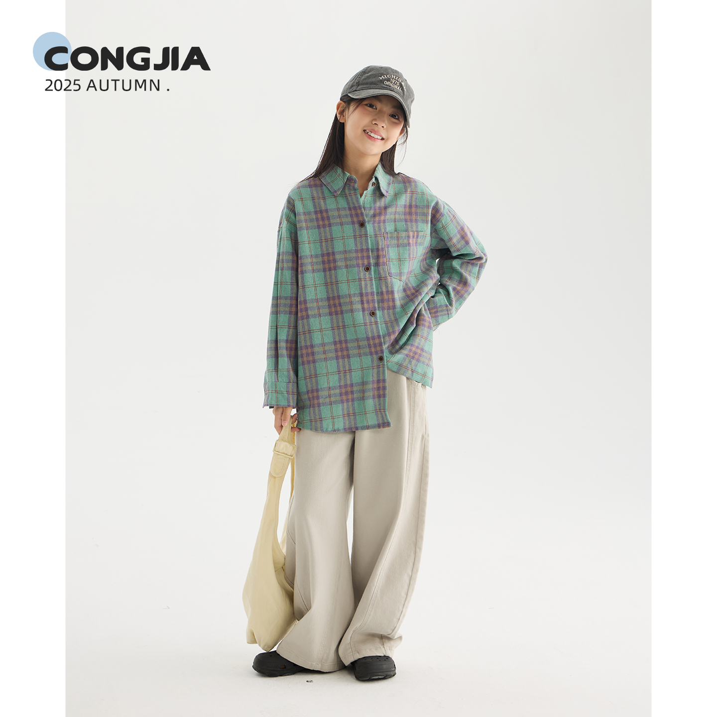 【薄荷紫绿】女童复古撞色格子长袖衬衫儿童慵懒风外穿上衣春秋外套