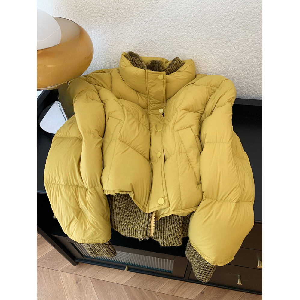 韩版黄色保暖短款棉服女装2025冬季新款慵懒时尚显瘦针织拼接外套