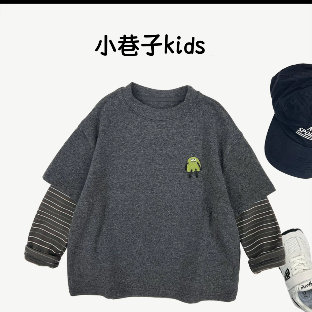 【秋上新】男女童韩版百搭打底帅气条纹假两件T上衣时尚长袖