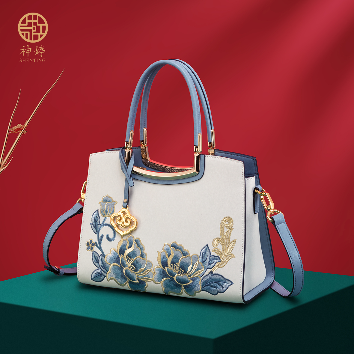 节日礼物女包真皮刺绣包女式新款中年女士包包大气手提包大容量