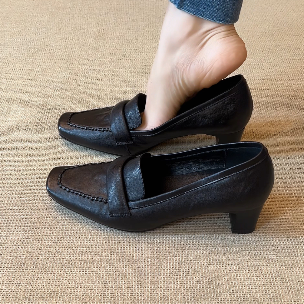 RubyL/4.5cm职场通勤简约百搭舒适方头浅口一脚蹬粗跟单鞋女款