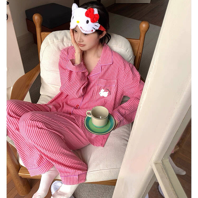 4367大码宽松秋季长袖睡衣女翻领条纹显白减龄可外穿家居服套装