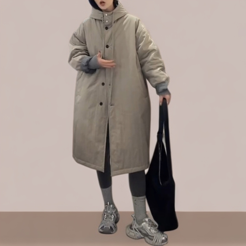中长款连帽过膝夹绵棉衣女大口袋柔软宽松棉袄工装流行棉服外套冬