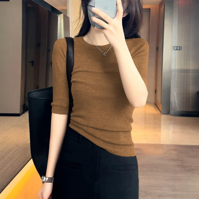 打底衫女秋季修身圆领针织衫T恤洋气2025新款休闲修瘦五分袖上衣