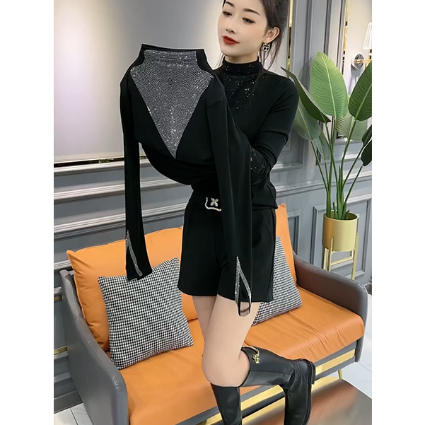 秋冬时尚气质重工烫钻高领长袖小衫洋气显瘦打底衫