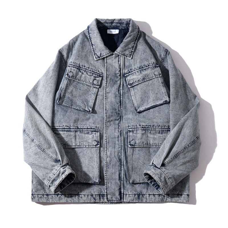 美式复古多口袋水洗牛仔外套 宽松翻领oversize工装夹克上衣 9600