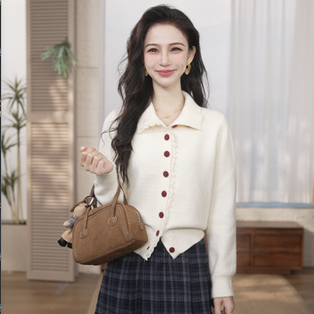 【双11提前购】茵曼25秋季复古蕾丝拼接针织开衫纯色百搭毛衣外套