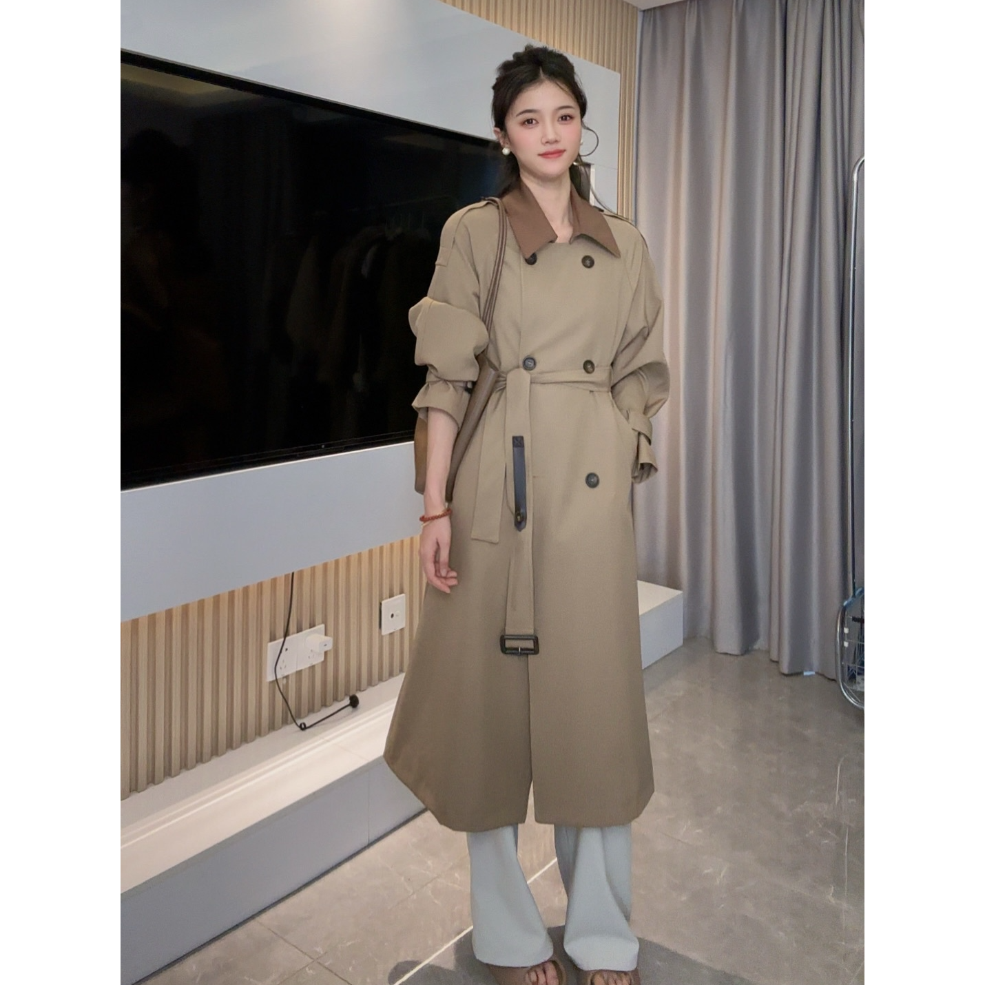 早秋新款英伦风撞色中长款风衣高级感韩版显瘦气质大衣外套25045