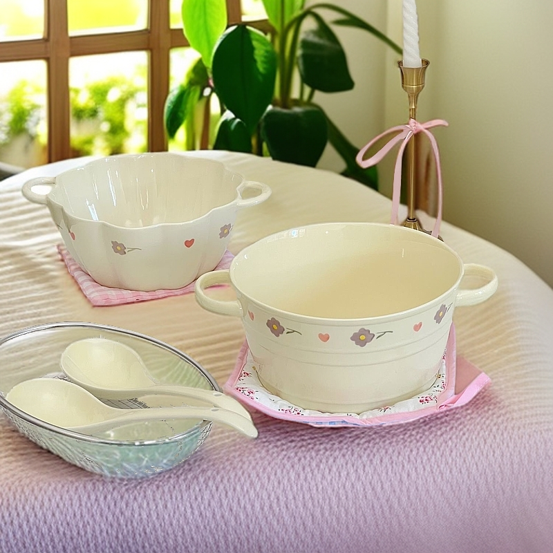 紫藤花奶油陶瓷泡面双耳汤碗南瓜家用高颜值餐具大容量可爱ins风