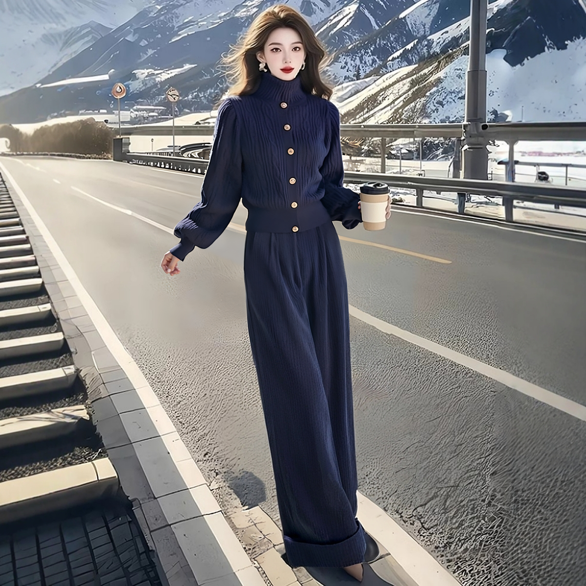 高级感穿搭一整套2025春秋新款小香风高领毛衣休闲阔腿裤两件套女