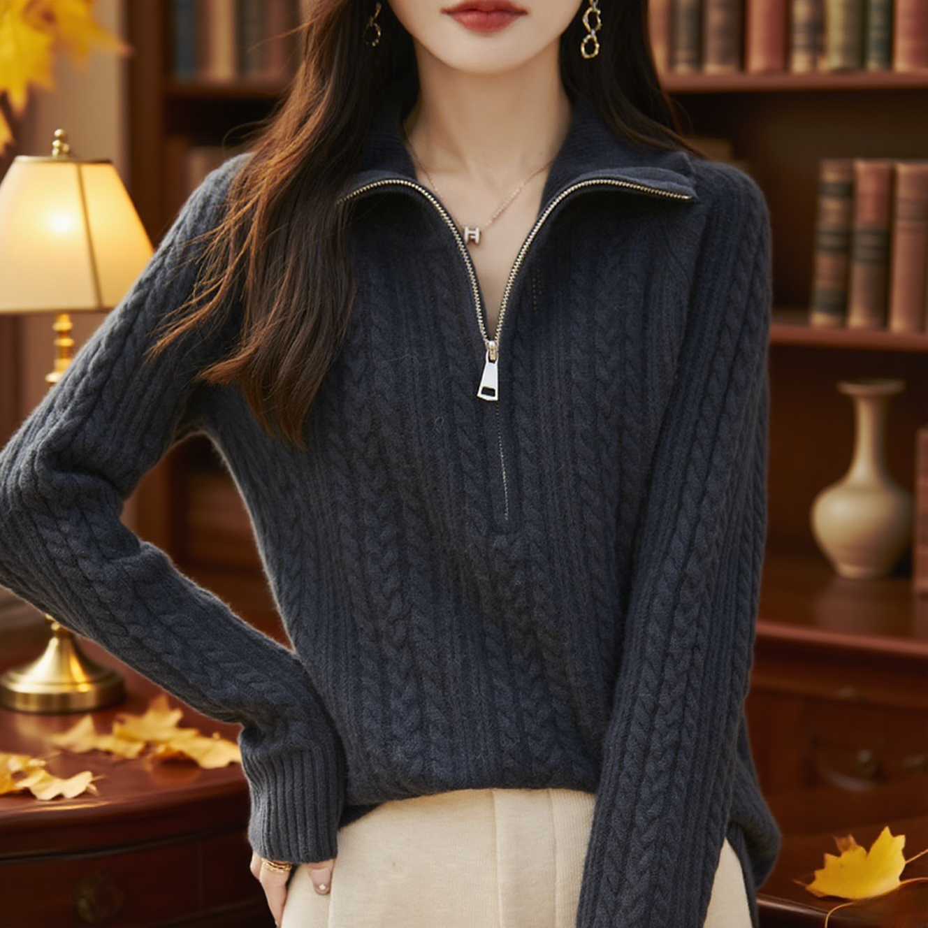 重磅爆款高领加厚女半开拉链绞花针织套头毛衣宽松羊毛打底衫