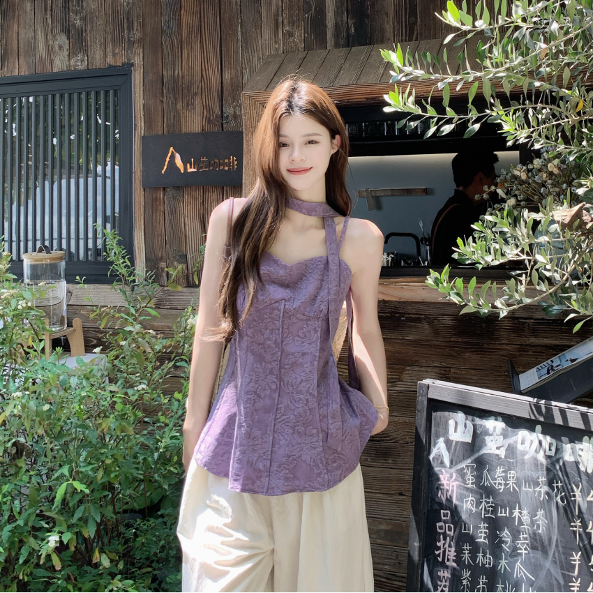 5266#夏季法式复古气质提花飘带百搭洋气吊带背心无袖内搭上衣