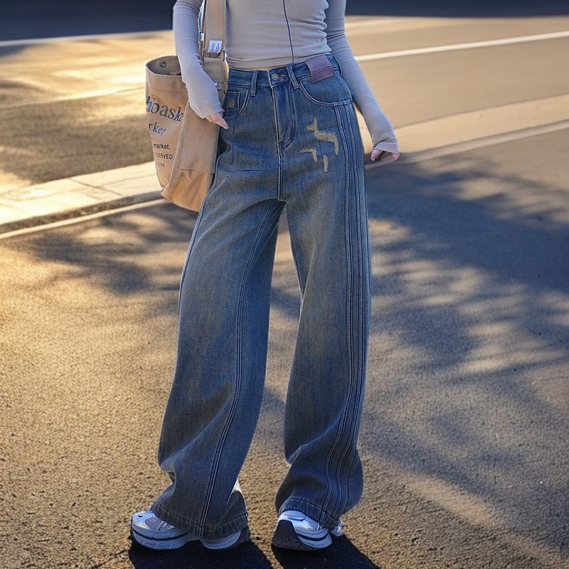 美式水泥黄色高腰直筒牛仔裤女2025新款秋冬宽松加绒阔腿裤女裤子