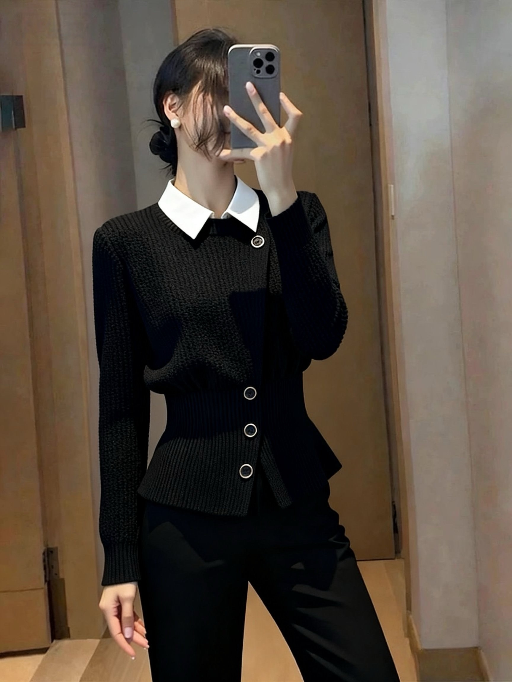 SS5140气质黑色针织衫高级感小香风毛衣女装2025秋收腰显瘦假两件