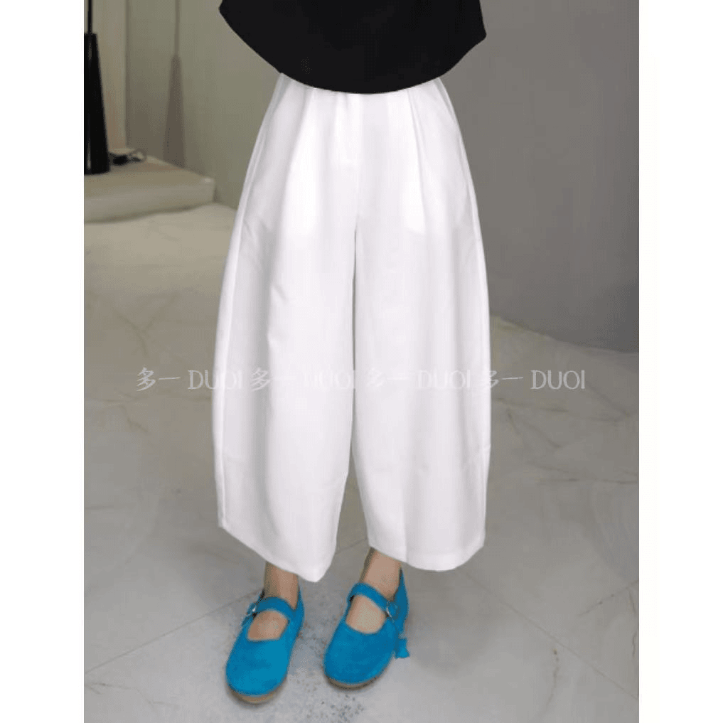 "花苞奶奶裤"2025夏季简约纯色百搭半松紧腰小个子休闲阔腿裤