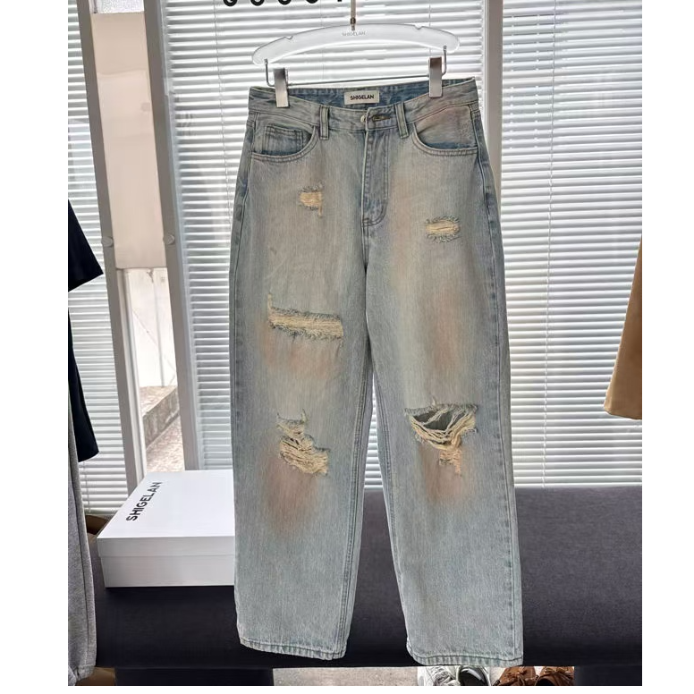 诗歌兰女装新款时尚百搭破洞牛仔裤长裤