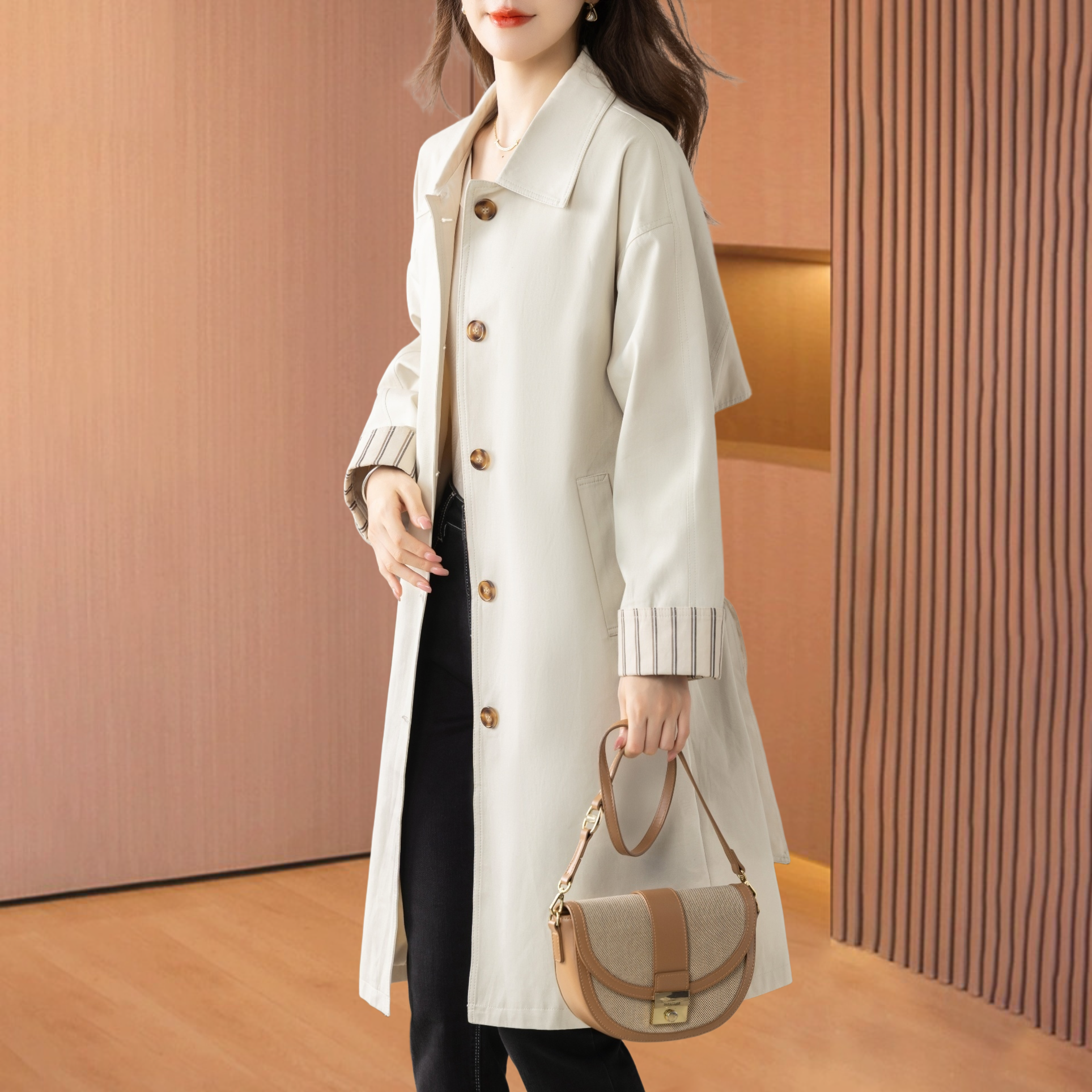 【莫瑞】杭州意法风衣外套女2025新款秋季洋气妈妈休闲薄中长款大衣