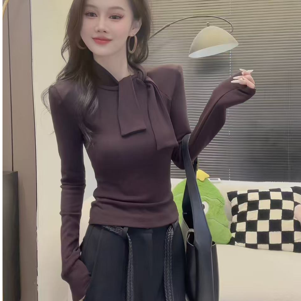 【DXJ家定制】秋冬新款V领飘带长袖打底衫T恤女纯欲风显瘦内搭上衣