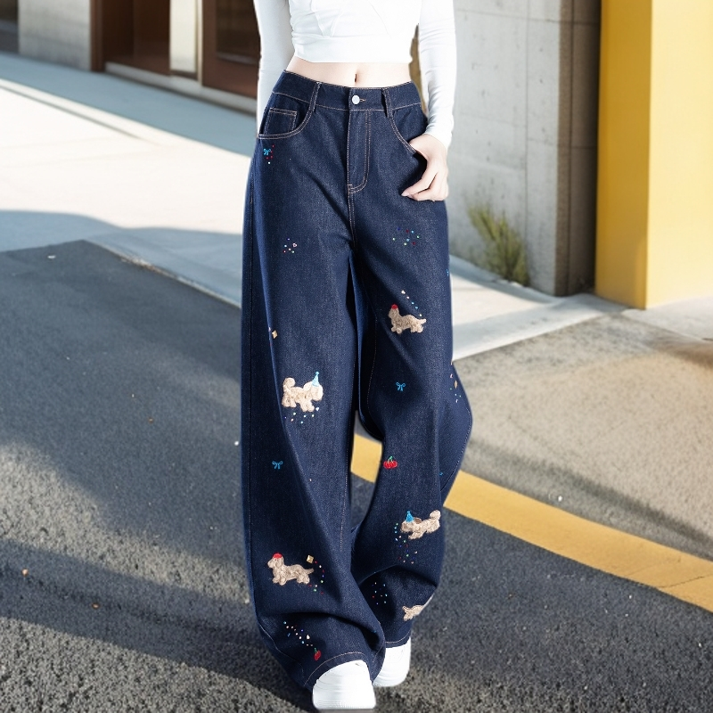 烫钻卡通刺绣设计感阔腿牛仔裤女爆款2025新款秋季高腰显瘦直筒裤