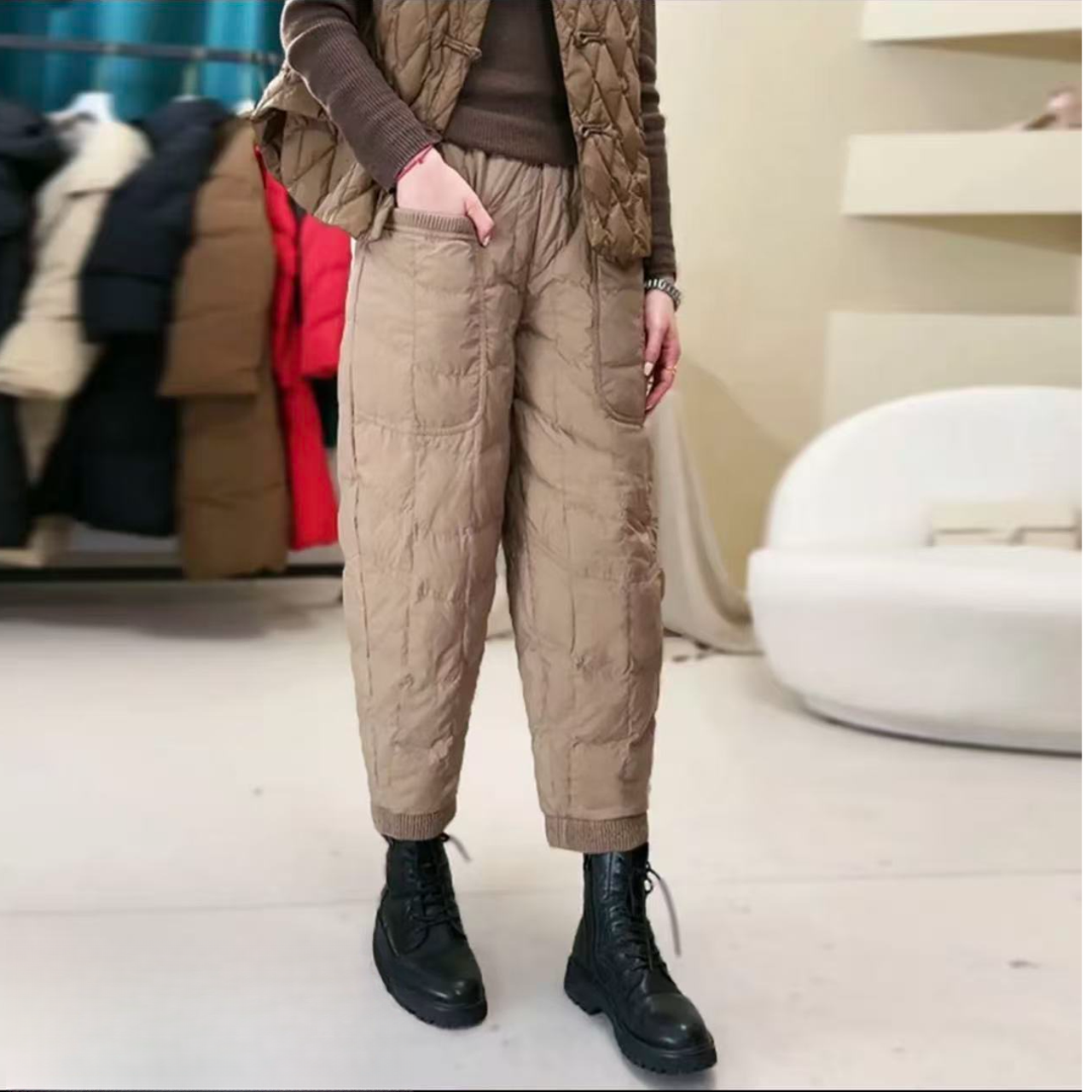 不臃肿加绒加厚棉裤女士松紧腰哈伦裤加厚保暖裤子休闲外穿棉裤