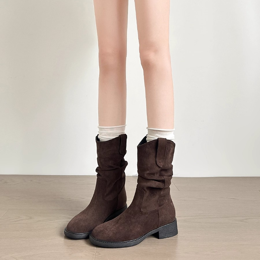 软皮~时尚褶皱堆堆靴2025新款美拉德西部牛仔短靴粗跟显瘦马丁靴