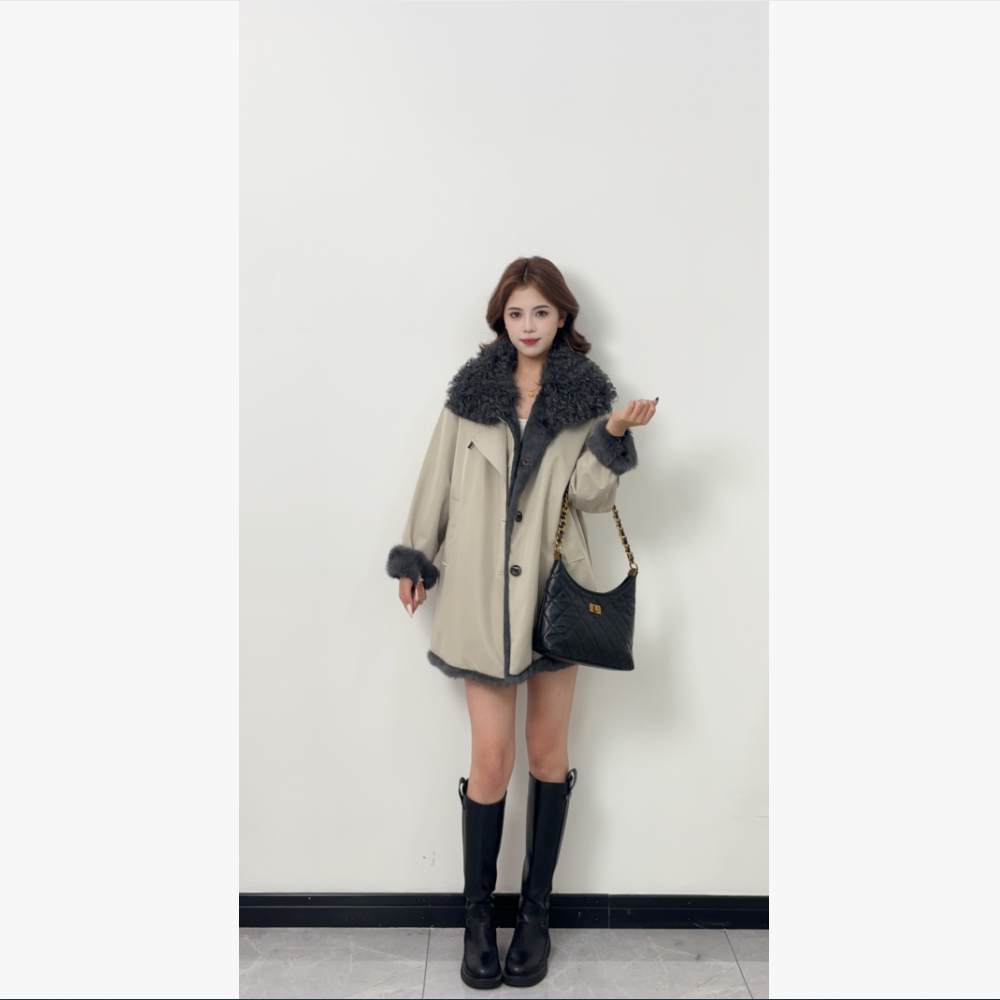 【子墨】两面穿女款休闲毛袖25年女士秋冬短款时尚大气百搭风衣