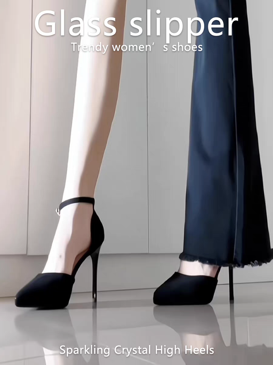 防水台镂空一字带高跟鞋女细跟2025春夏新款尖头裸色单鞋百搭凉鞋