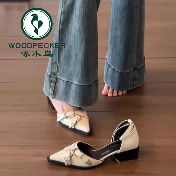 啄木鸟低跟高跟鞋尖头包头凉鞋女2025新款夏玛丽珍单鞋法式小皮鞋