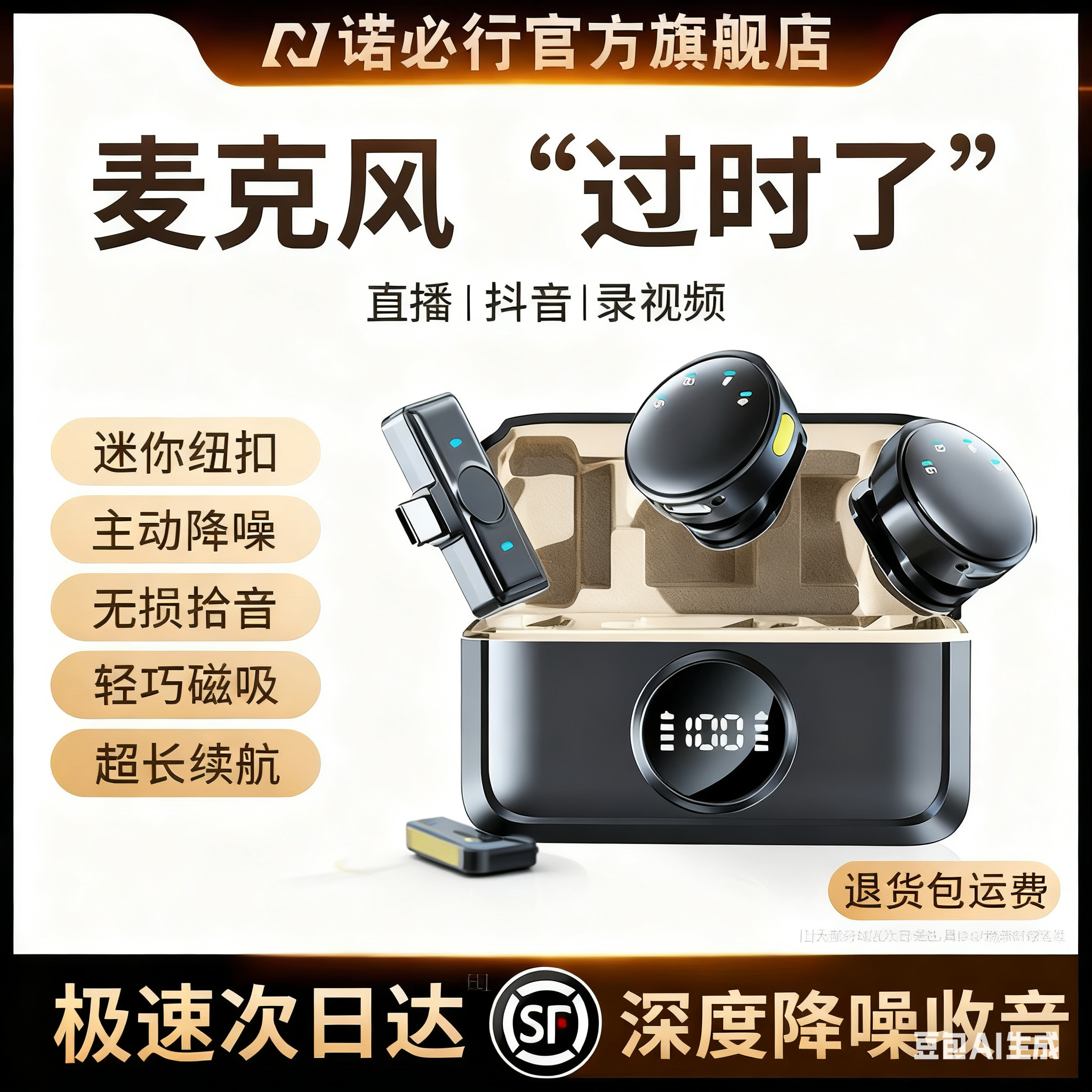 【百城极速达】磁吸纽扣无线领夹式麦克风收音降噪抖音直播视频录音