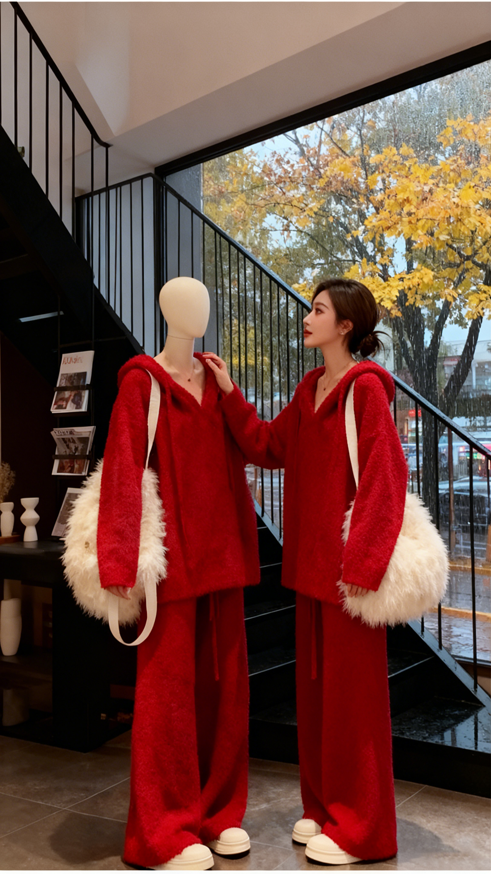 2025冬季超火一整套炸街减龄时尚大方得体穿搭红色毛衣两件套装裤