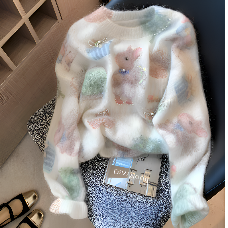 趣味小兔子印花钉珠奶甜软糯针织衫女秋冬甜美温柔风宽松百搭毛衣