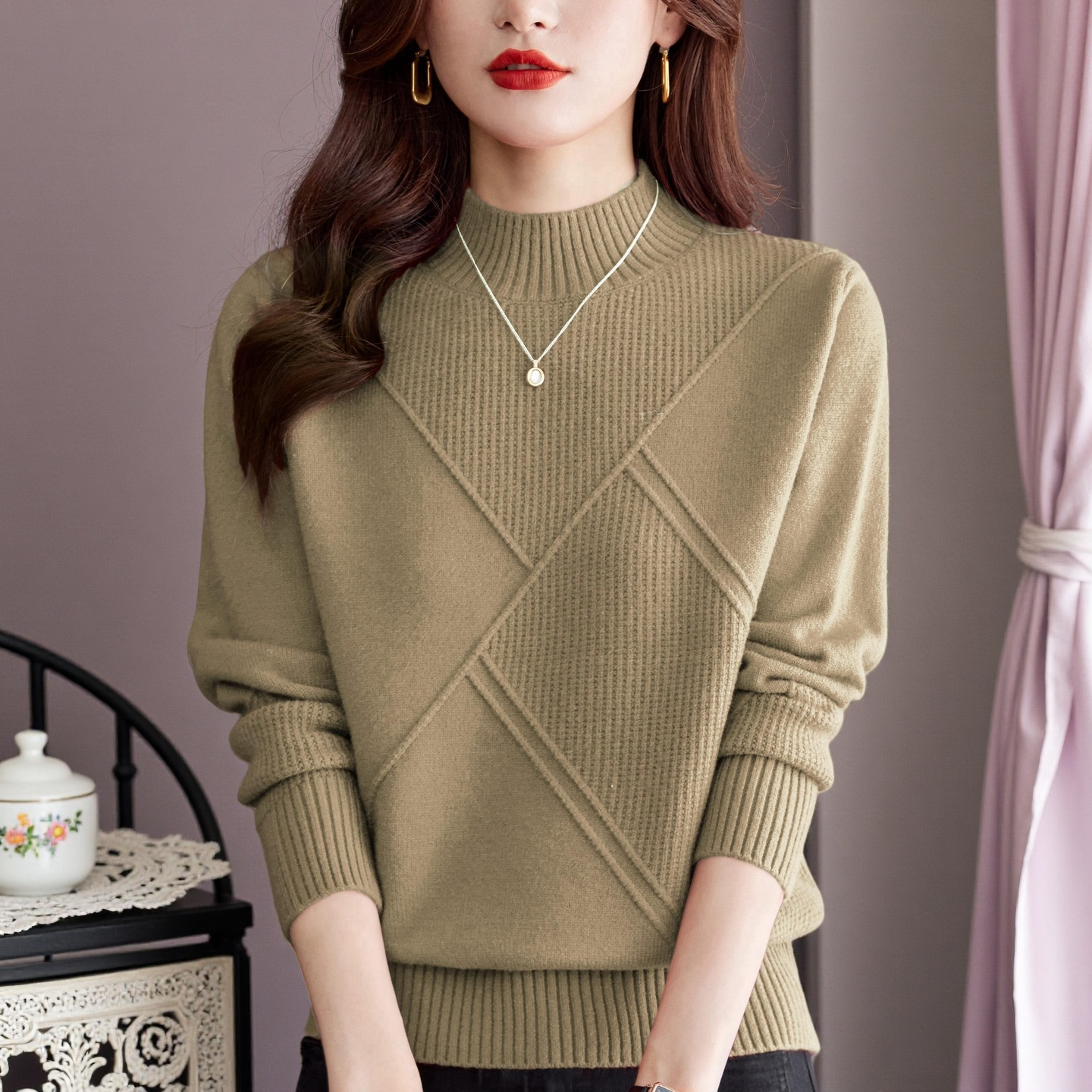 女士针织毛衣2025秋冬季新款妈妈妙龄半高领羊绒衫上衣