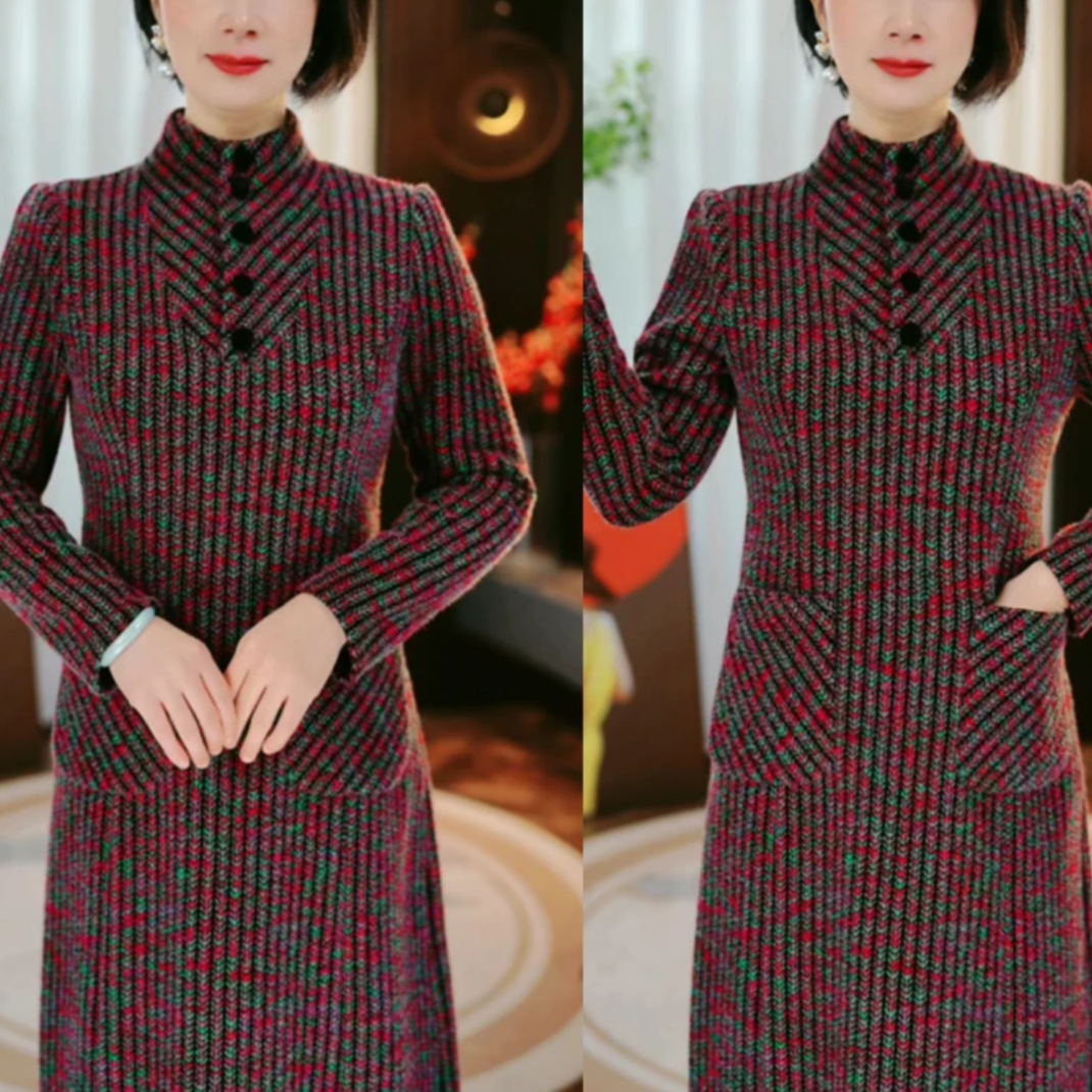 红久久中长款长袖时尚冬季新款修身显瘦小个子连衣裙大气加厚秋冬