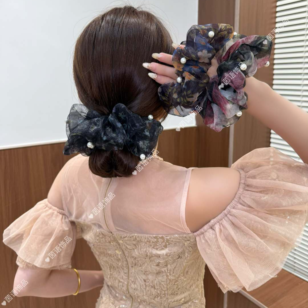 茵语饰品 2025新款高弹力钉珠碎花大肠发圈无接缝头绳耐用不伤发